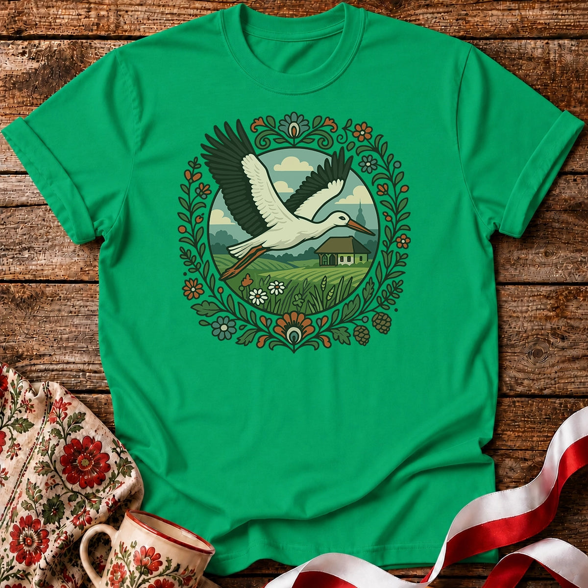 Stork Over Fields Unisex T-Shirt