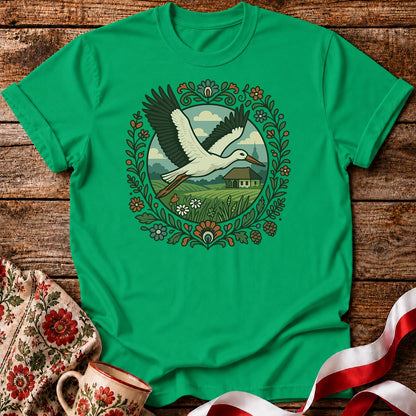 Stork Over Fields Unisex T-Shirt
