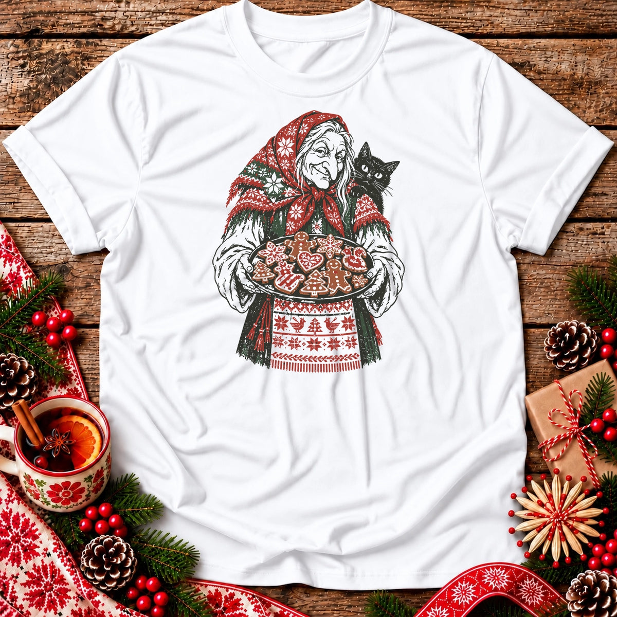Christmas Baba Yaga with Cat and Cookies Unisex T-Shirt