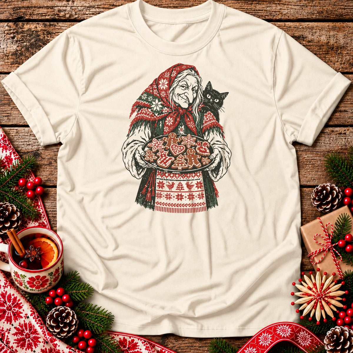 Christmas Baba Yaga with Cat and Cookies Unisex T-Shirt