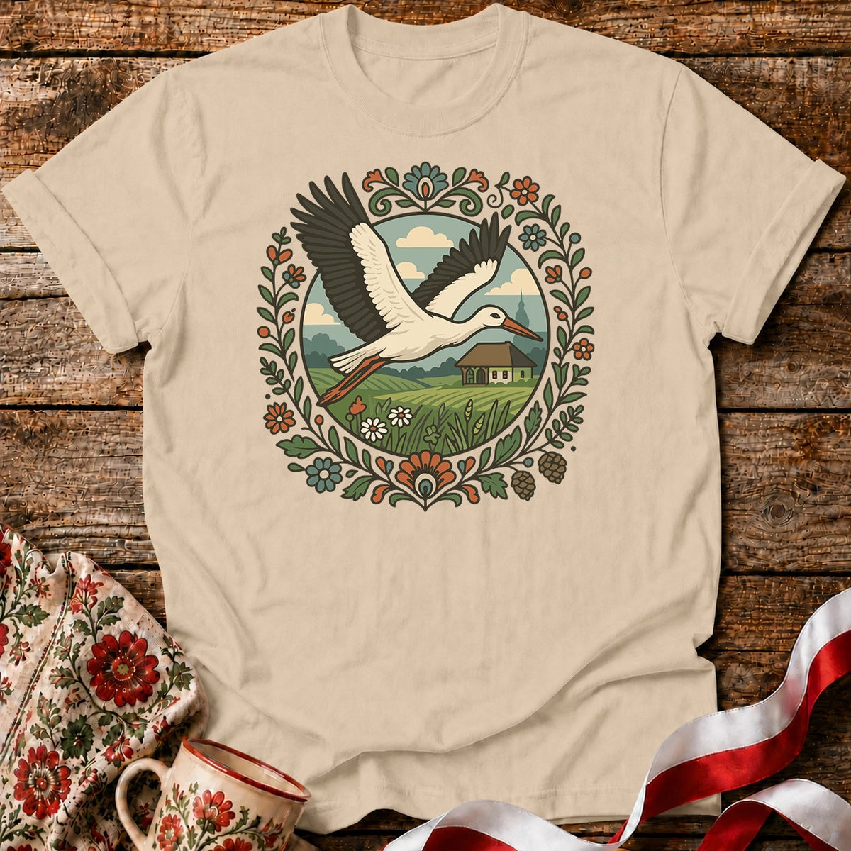 Stork Over Fields Unisex T-Shirt