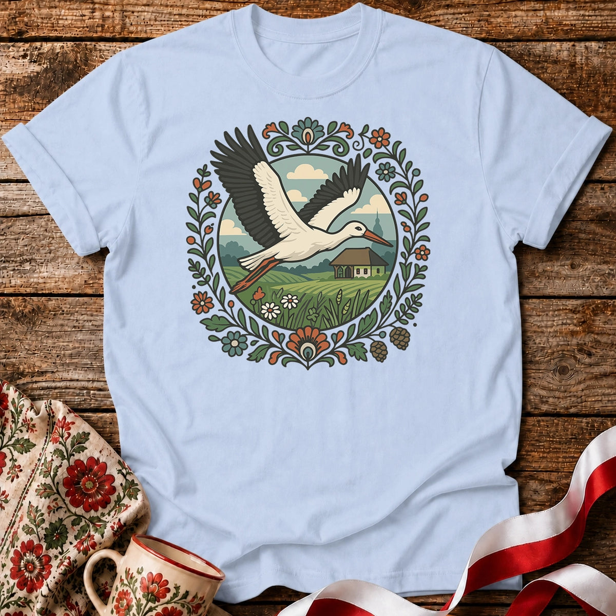 Stork Over Fields Unisex T-Shirt