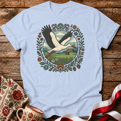 Stork Over Fields Unisex T-Shirt