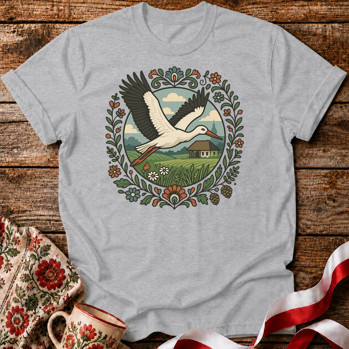 Stork Over Fields Unisex T-Shirt