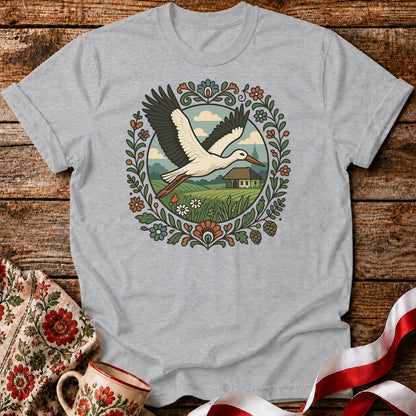 Stork Over Fields Unisex T-Shirt