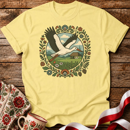 Stork Over Fields Unisex T-Shirt
