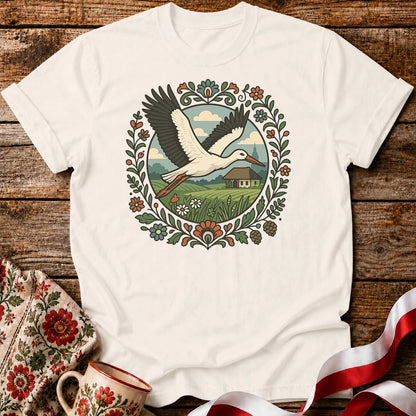 Stork Over Fields Unisex T-Shirt