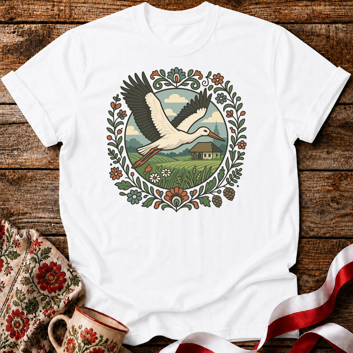 Stork Over Fields Unisex T-Shirt