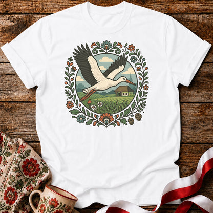 Stork Over Fields Unisex T-Shirt