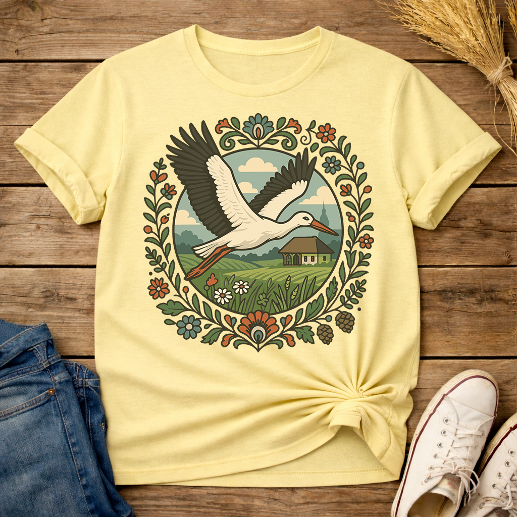 Stork Over Fields Unisex T-Shirt