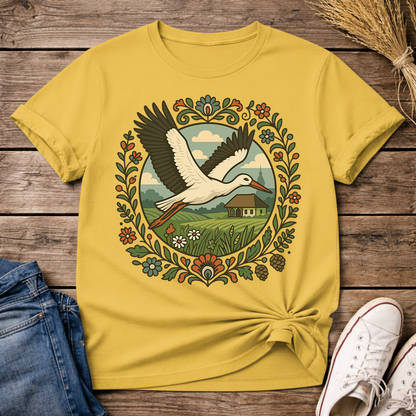 Stork Over Fields Unisex T-Shirt
