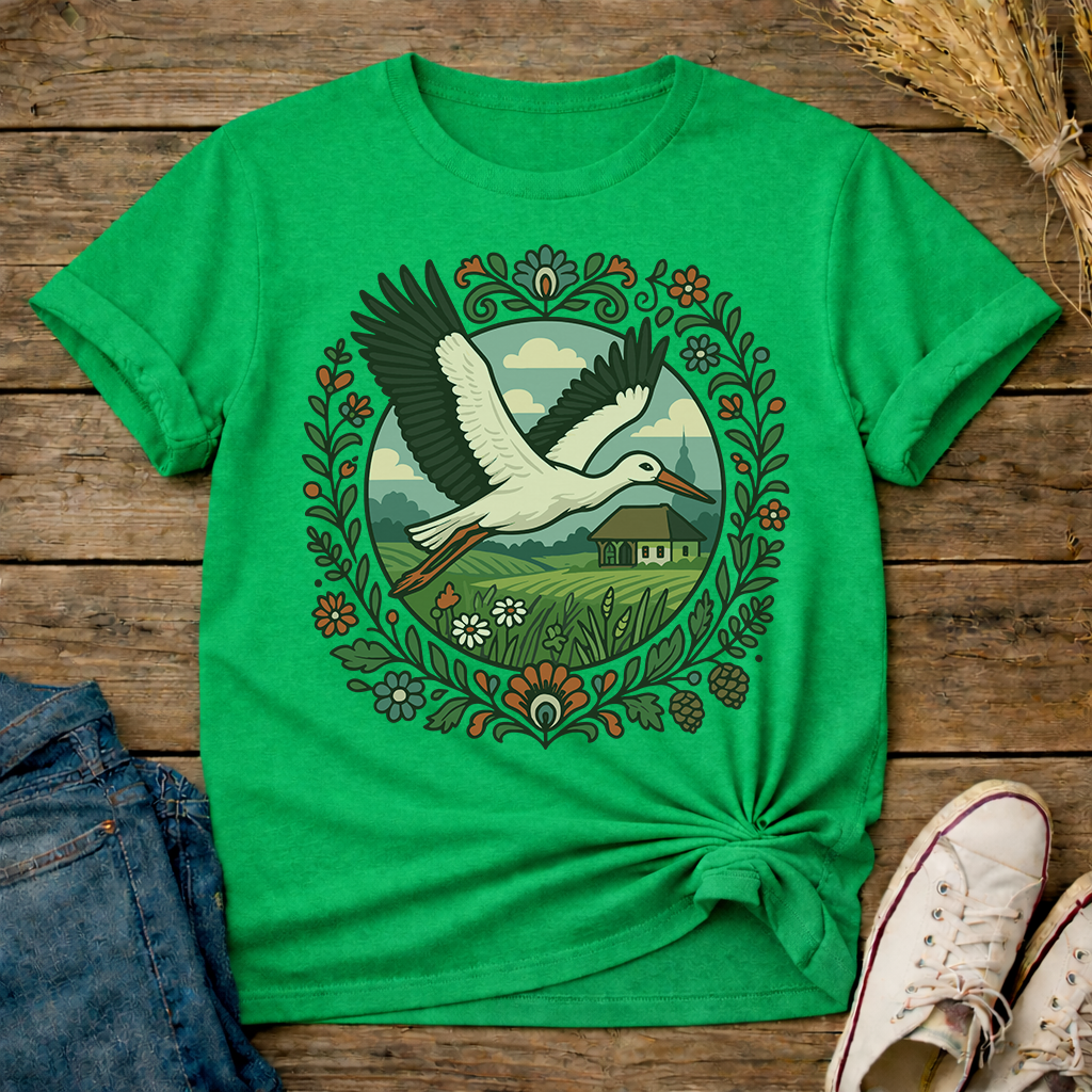 Stork Over Fields Unisex T-Shirt