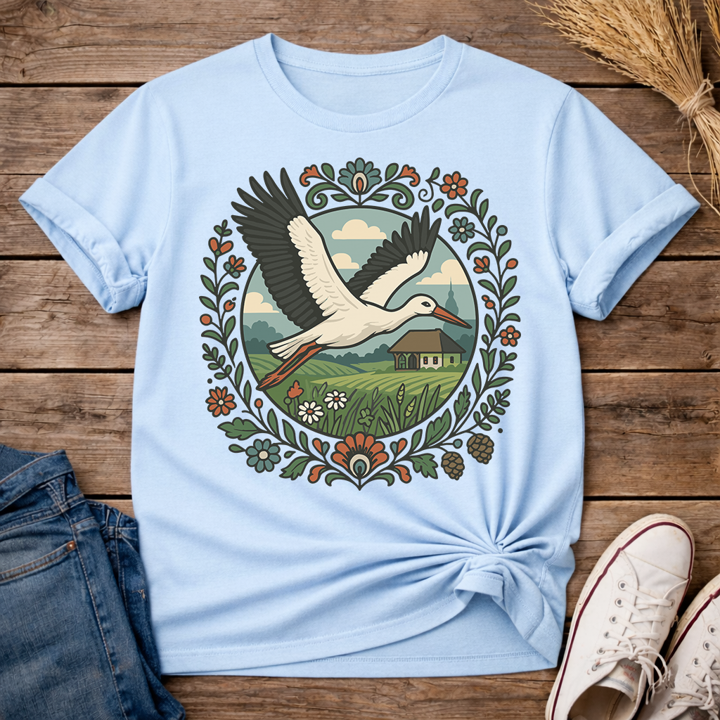 Stork Over Fields Unisex T-Shirt