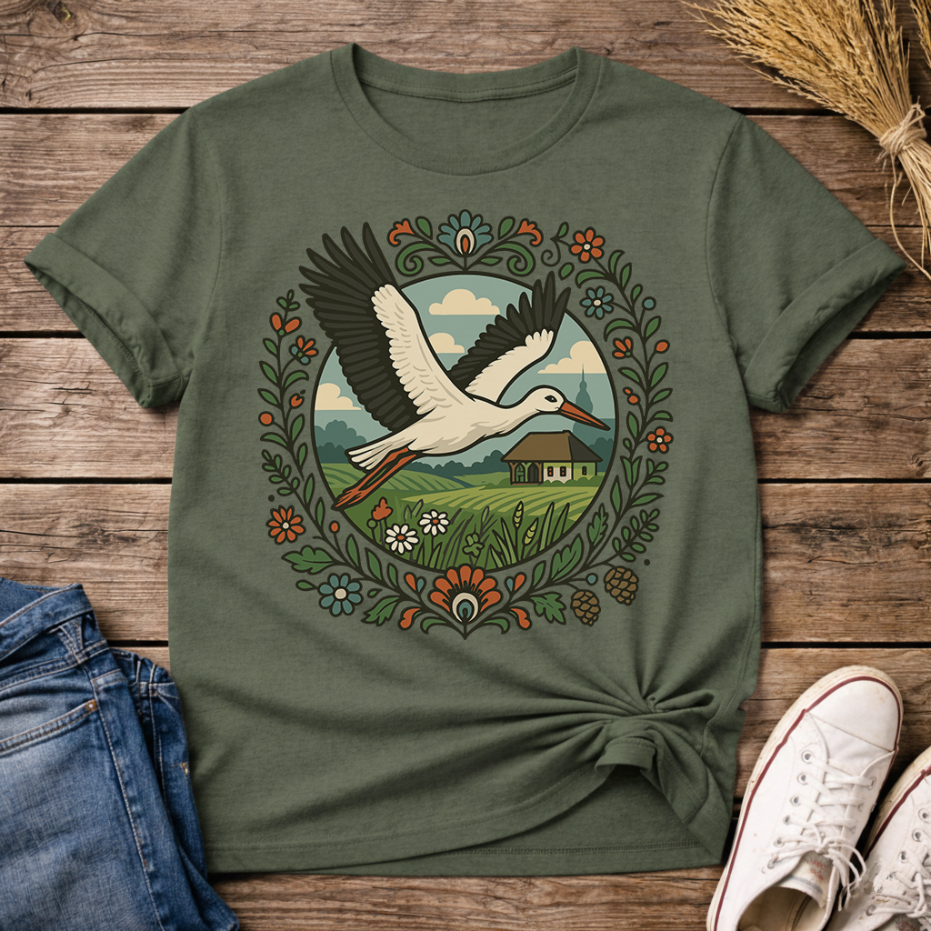 Stork Over Fields Unisex T-Shirt