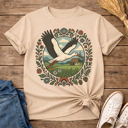 Stork Over Fields Unisex T-Shirt