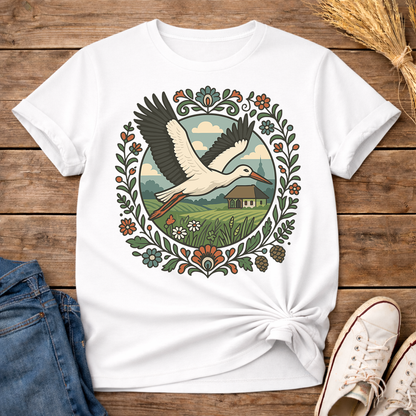 Stork Over Fields Unisex T-Shirt
