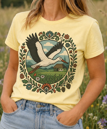 Stork Over Fields Unisex T-Shirt