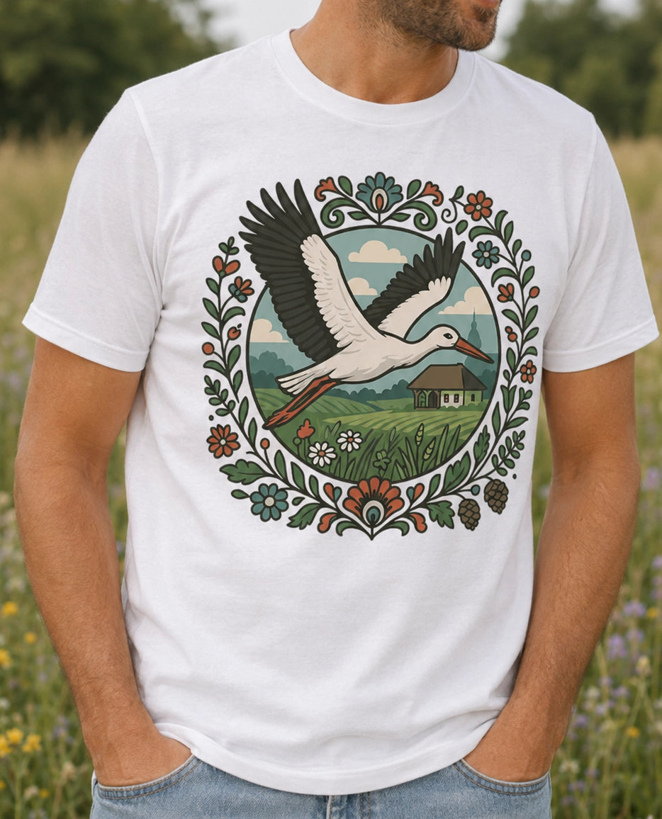 Stork Over Fields Unisex T-Shirt
