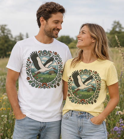 Stork Over Fields Unisex T-Shirt