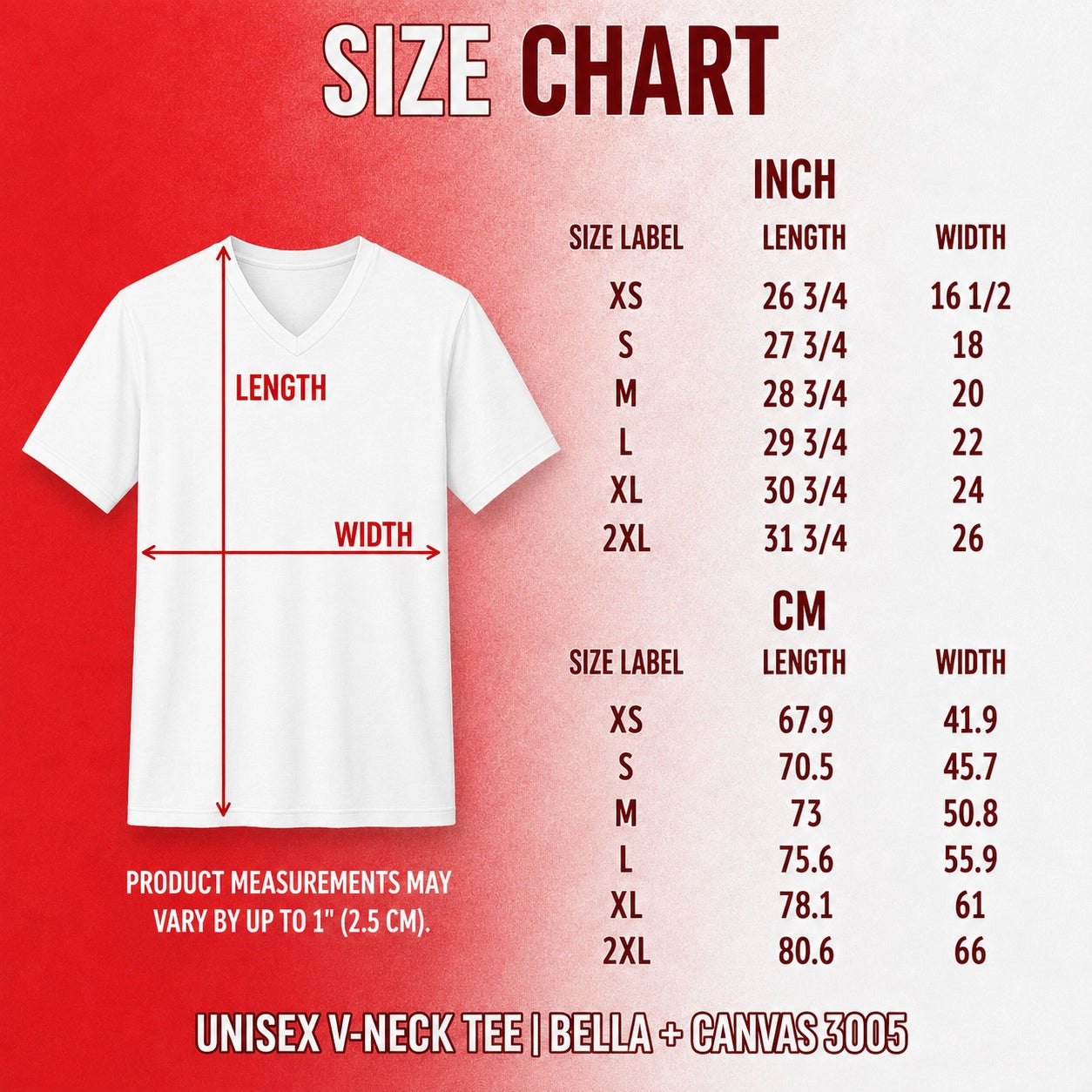 Size chart for Polish Hussar Poland Unisex V-Neck T-Shirt